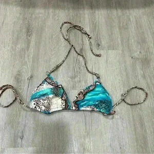 Split Blue Brown Pattern String Bikini Top Women’s Size Large